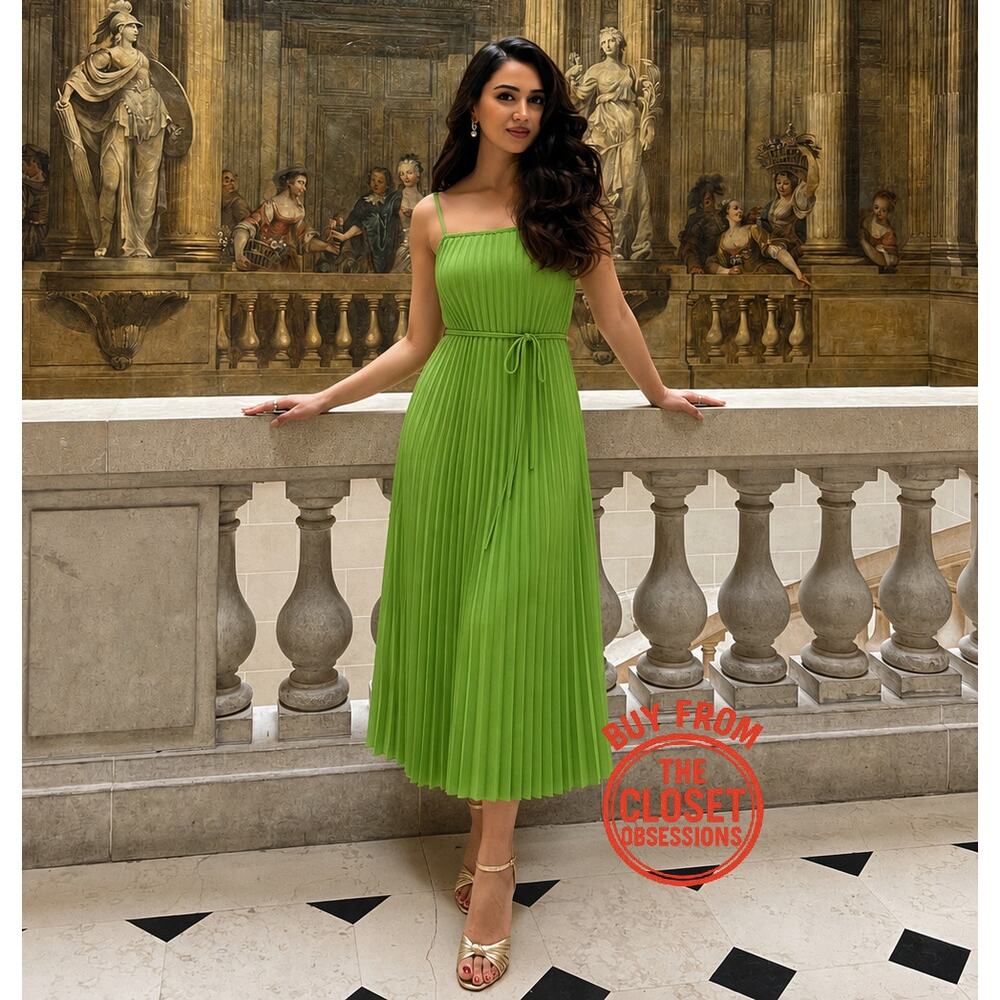 Mango NWT Lime Green Pleated Midi Dress Bow Belt 6 8 - Picture 9 of 16
